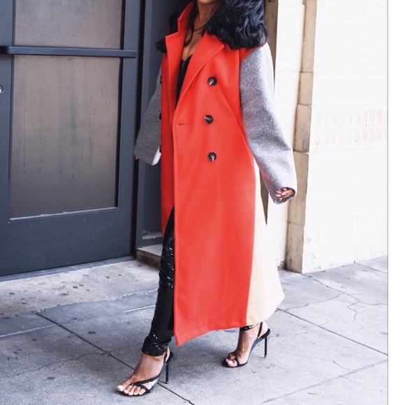 Jackets & Blazers - Wool Coat. Color block Coat. Orange Coat.